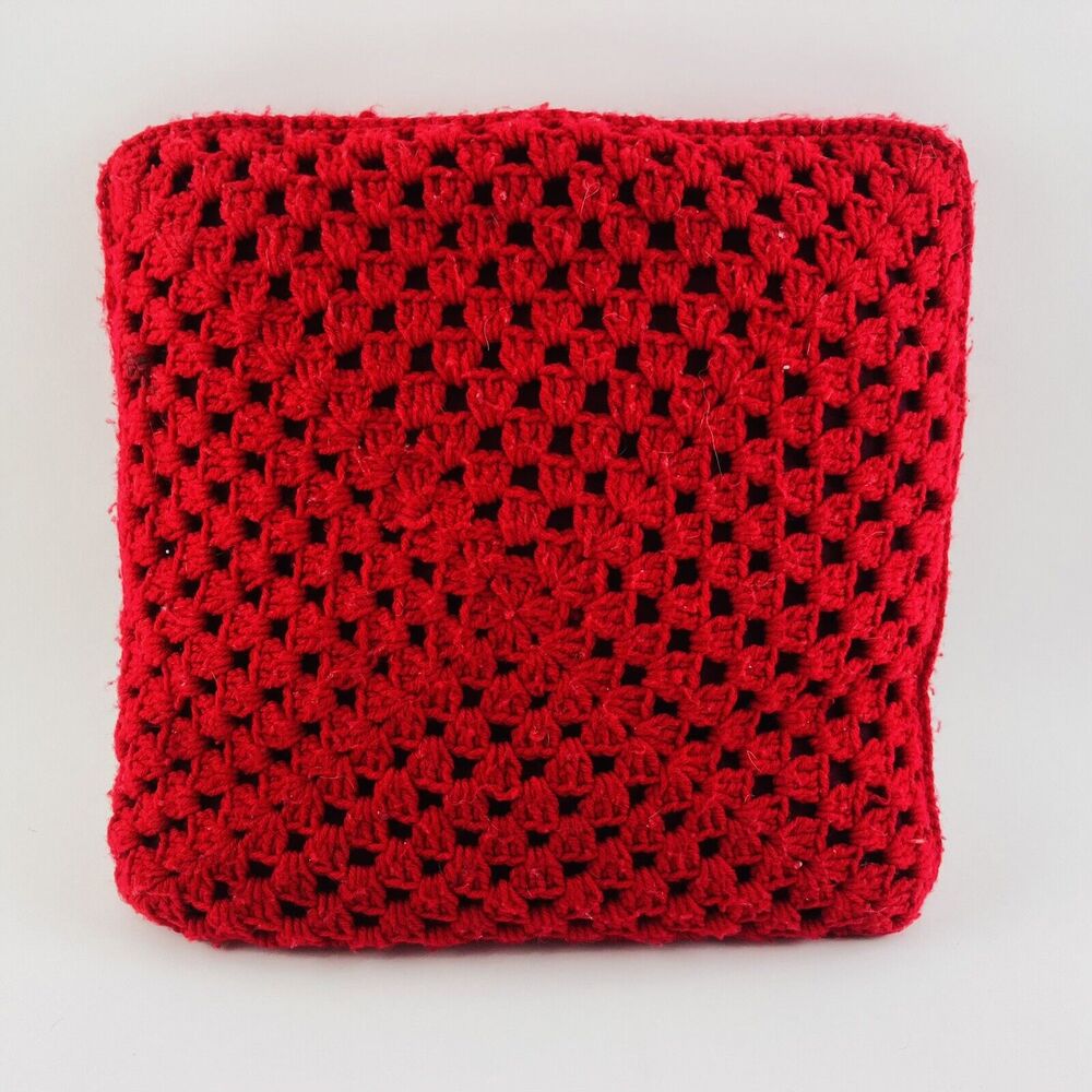 Vintage Pillow Handmade Crochet Knit Boho Granny Retro Red W/ Insert Cover 17”